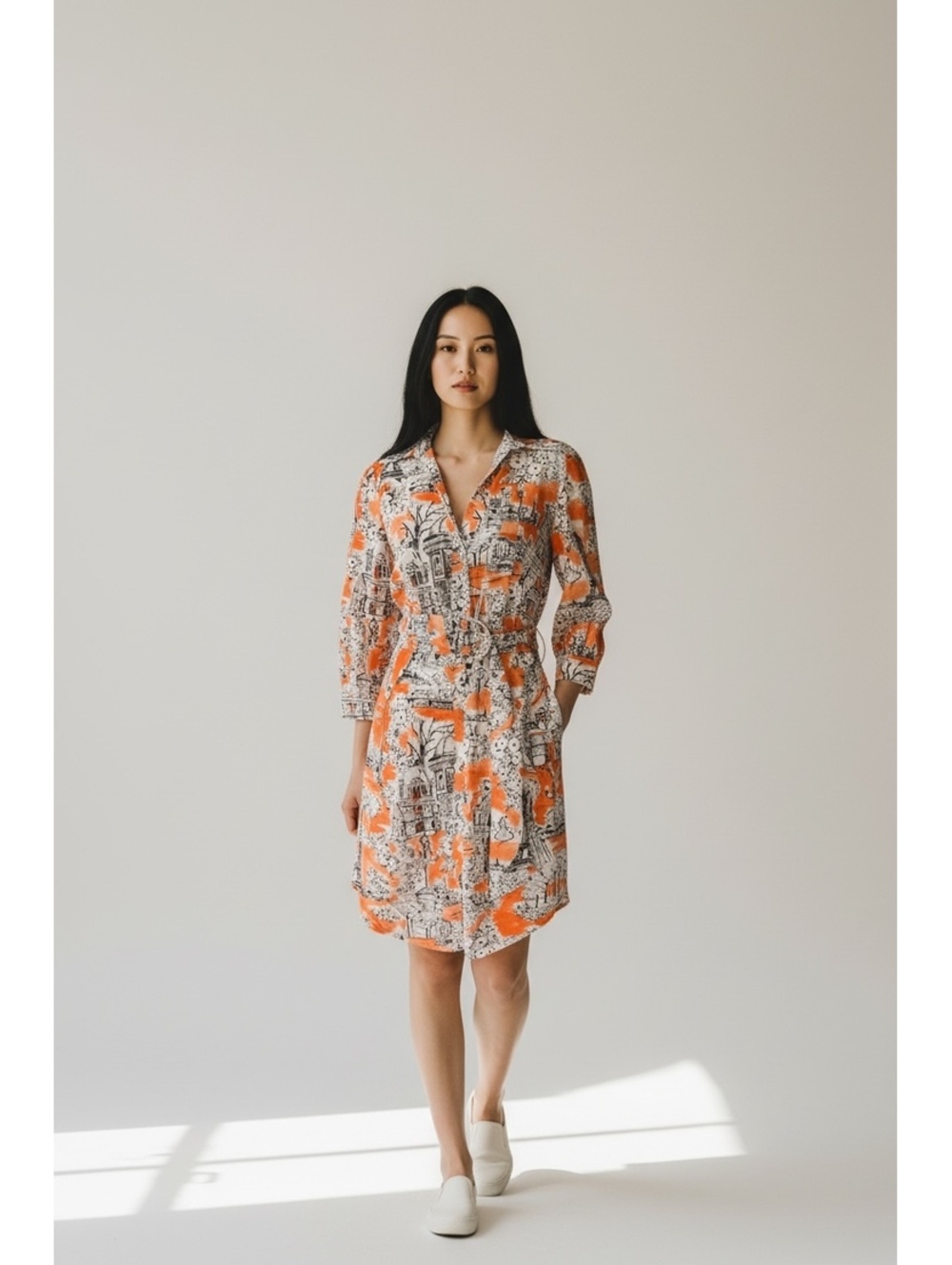 Karl Lagerfeld Paris Women's Orange and White Printed Belted Shirt Dress Size 4